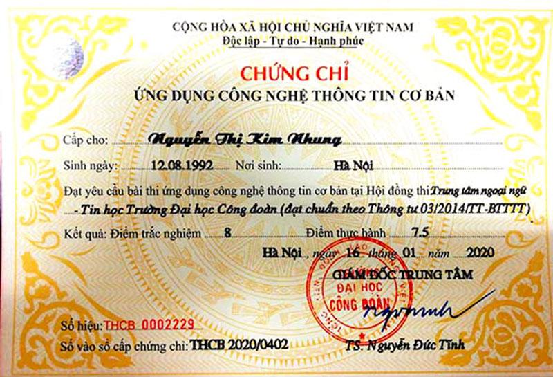 mẫu chứng chỉ ứng dụng công nghệ thông tin cơ bản