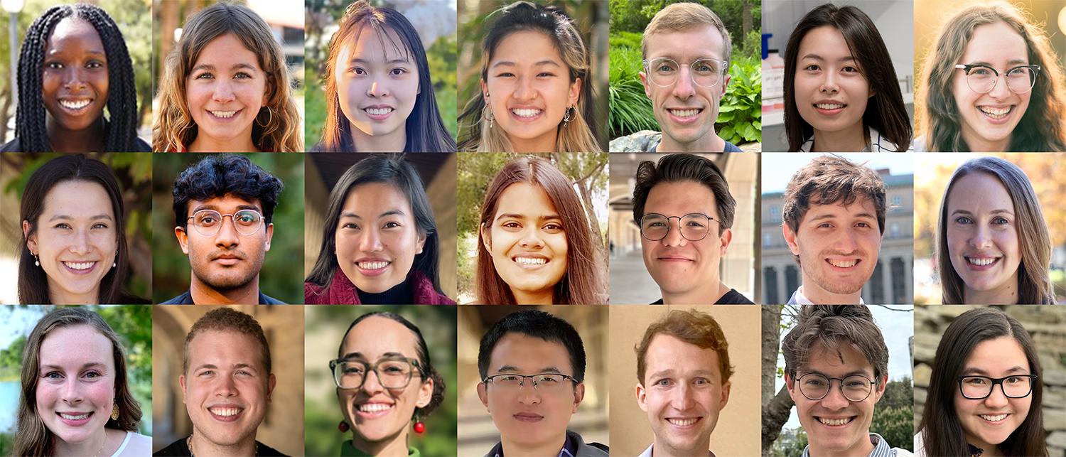 Collage of headshot photos of 21 diverse graduate students
