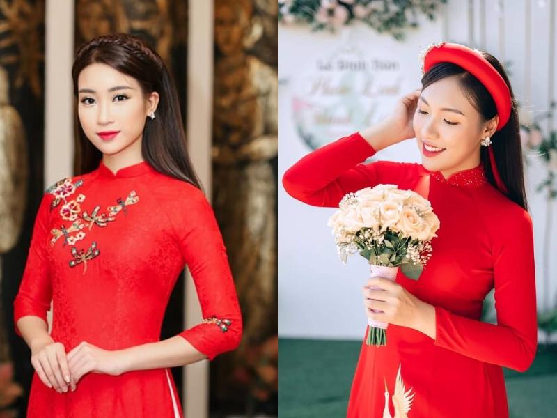 tóc cô dâu mặc áo dài đỏ duỗi thẳng